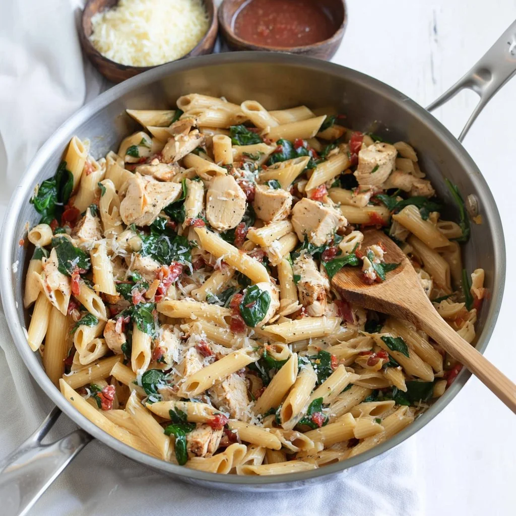 Delicious Chicken and Spinach Skillet Pasta served in a bowl