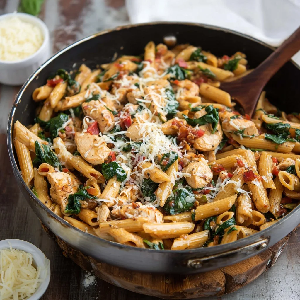 Delicious Chicken and Spinach Skillet Pasta served in a skillet for family dinner.