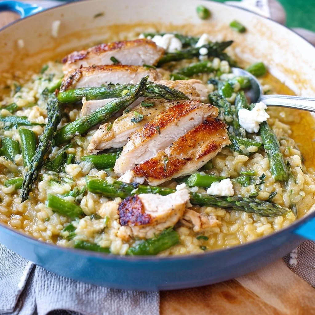 Creamy Chicken Asparagus Risotto served in a bowl with fresh asparagus and herbs