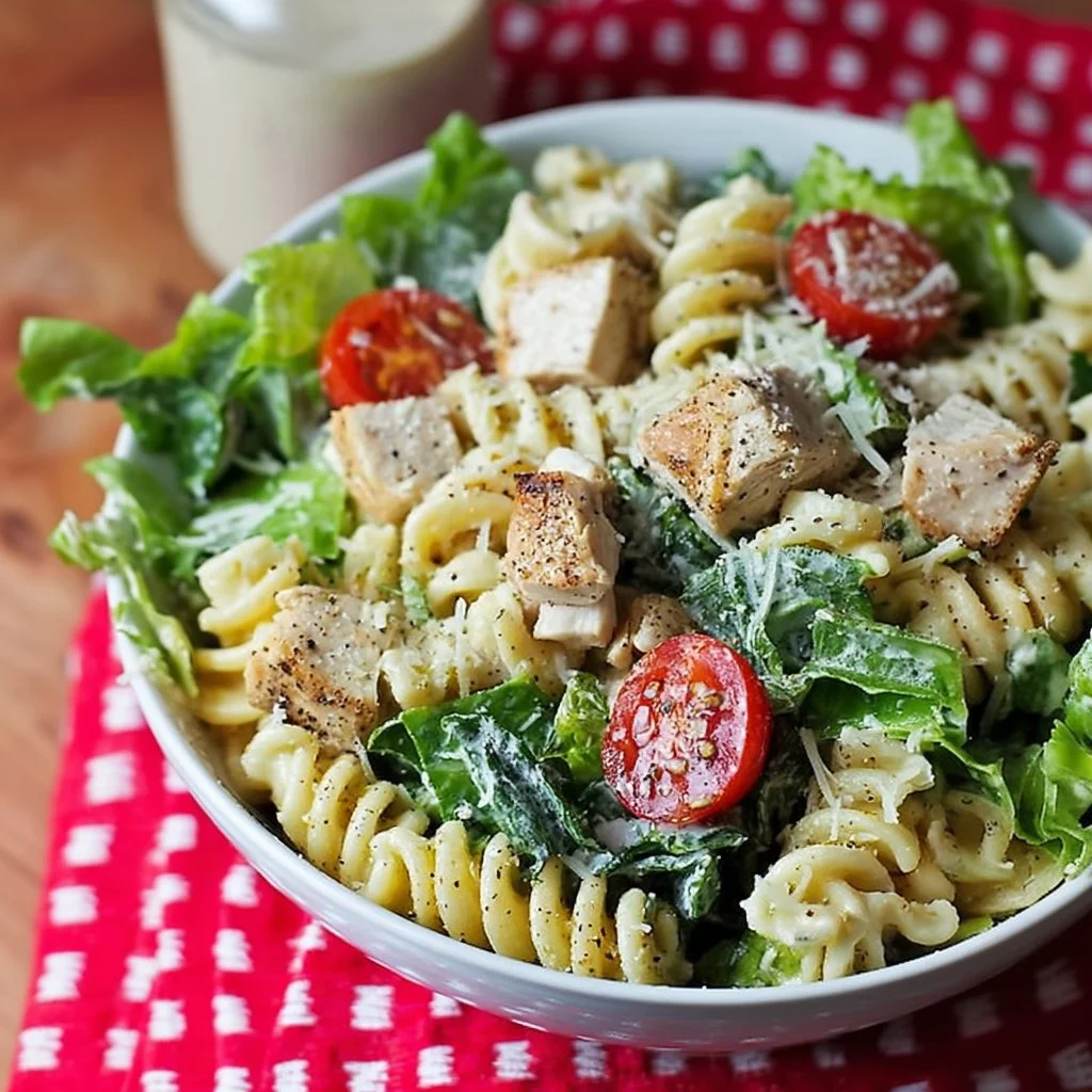 Bowl of Chicken Caesar Pasta Salad with romaine lettuce, grilled chicken, and Caesar dressing