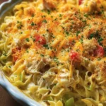 Delicious Chicken Cheddar Noodle Bake served in a casserole dish