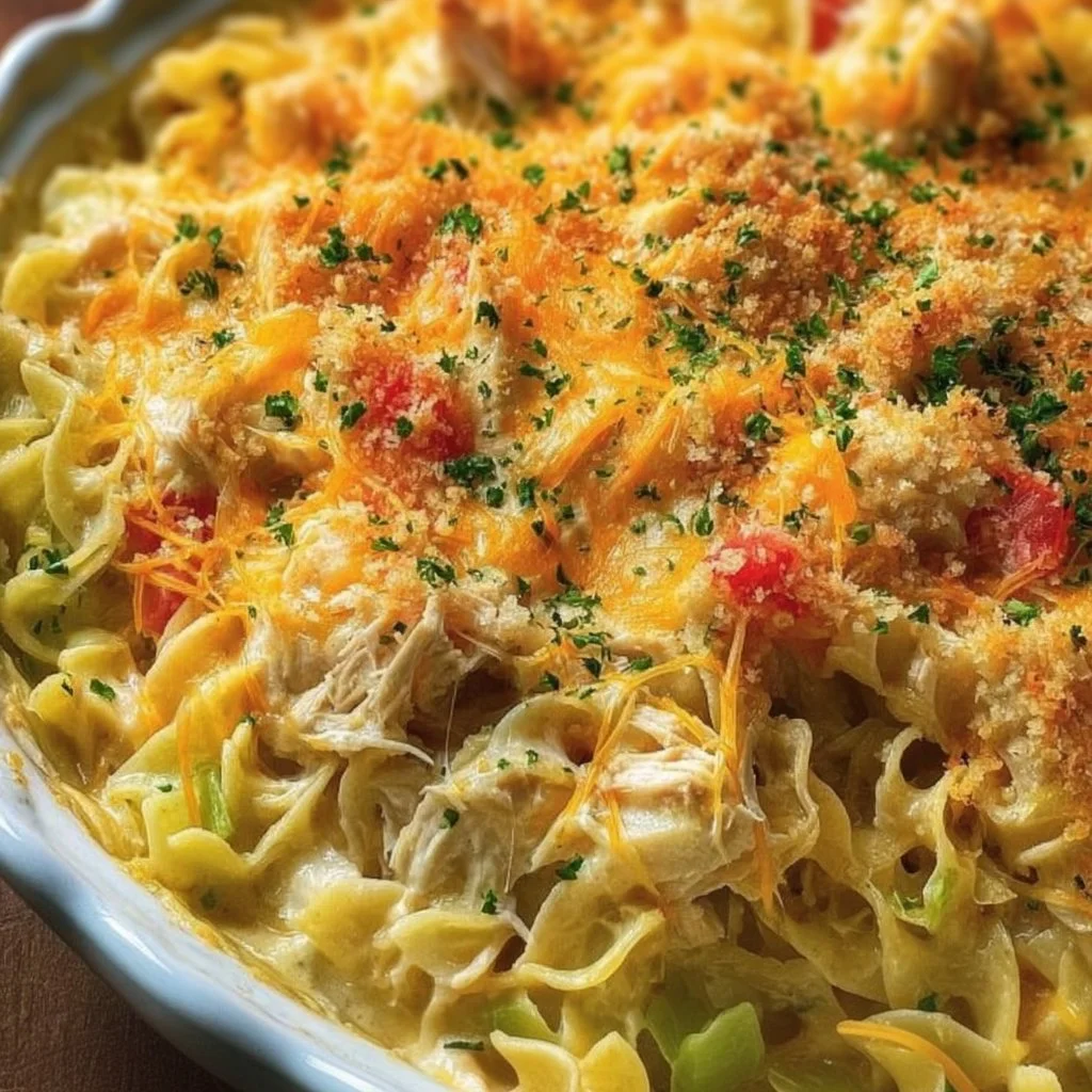 Delicious Chicken Cheddar Noodle Bake served in a casserole dish