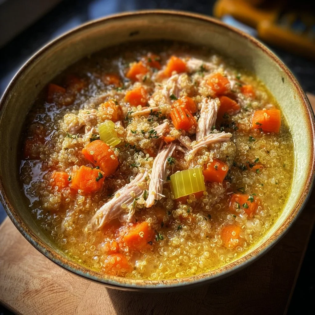 A bowl of delicious Chicken Quinoa Soup garnished with fresh herbs
