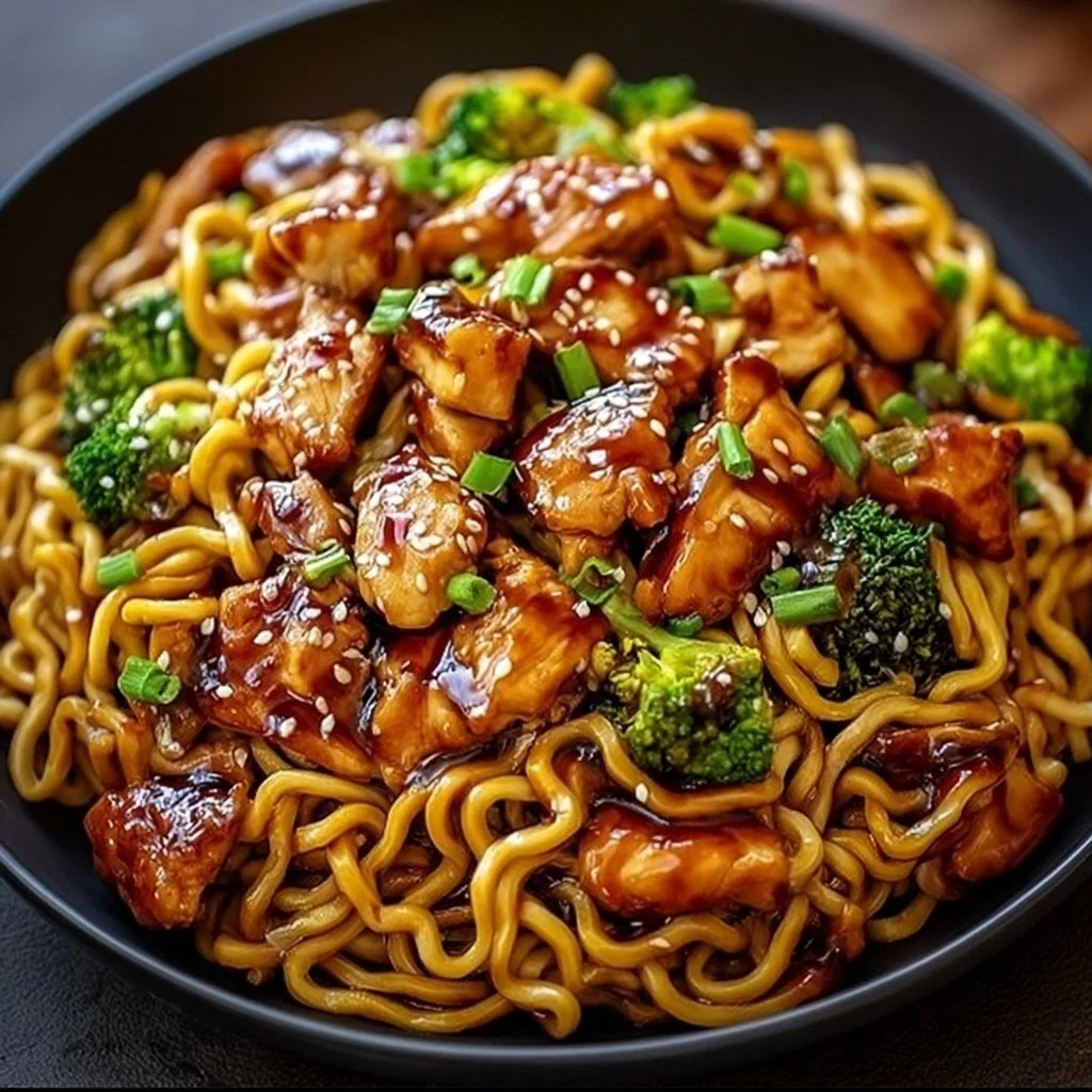 Delicious Chicken Teriyaki Noodles with vegetables and sauce