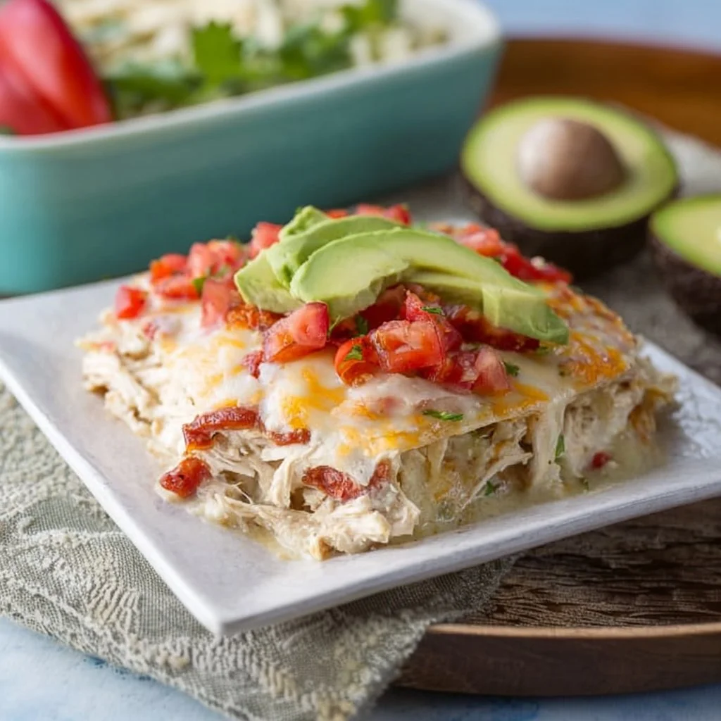Delicious Chicken Tortilla Casserole topped with cheese and fresh ingredients