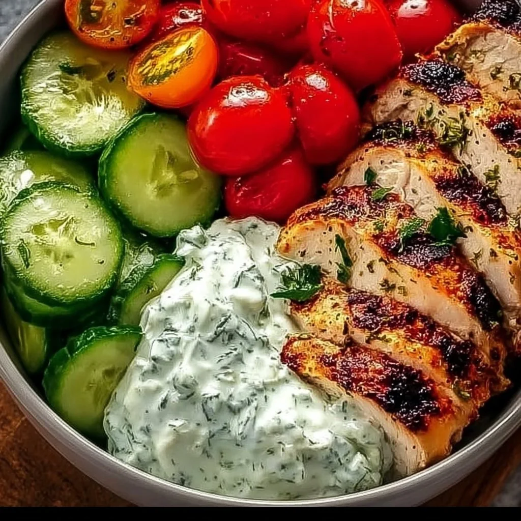 Delicious Chicken Tzatziki Bowl with succulent chicken, veggies, and tzatziki sauce