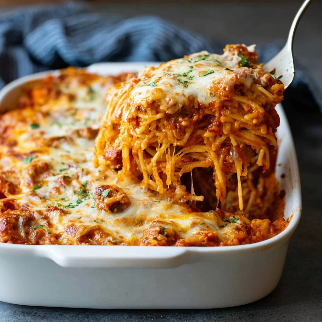 Delicious plate of classic baked spaghetti topped with cheese and herbs