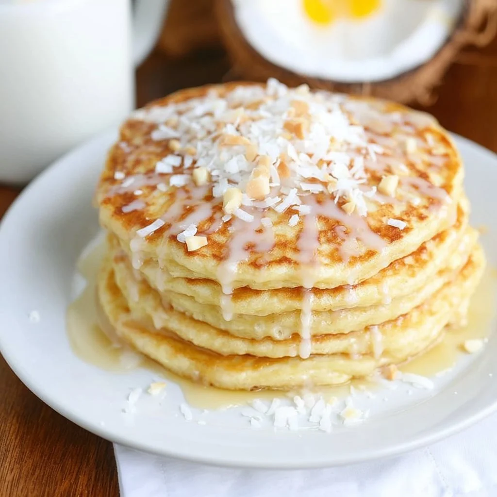 Delicious coconut pancakes served with syrup and fresh fruit on a plate