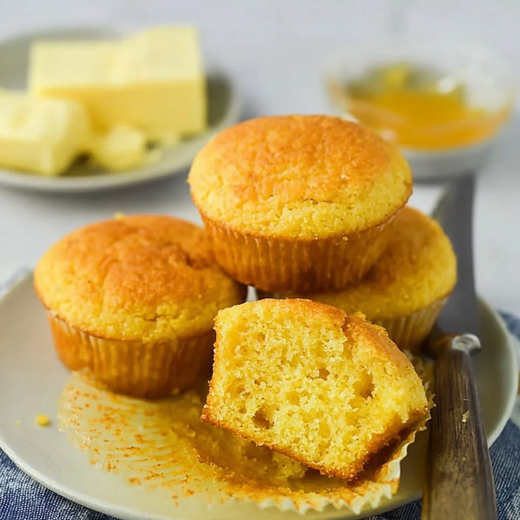 Freshly baked cornbread muffins served warm on a rustic wooden table