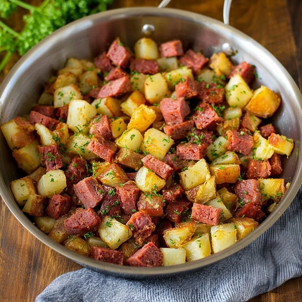 Delicious corned beef hash served in a bowl with golden potatoes and herbs