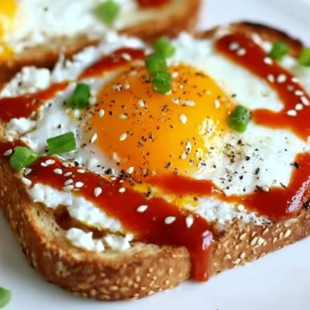 Cottage Cheese Egg and Sriracha Toast served on a wooden board