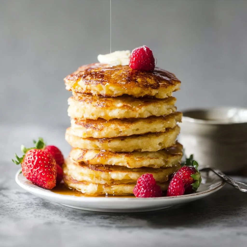 Delicious Cottage Cheese Pancakes served on a plate with syrup and berries