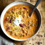 A bowl of creamy beef taco soup garnished with fresh cilantro and tortilla strips.