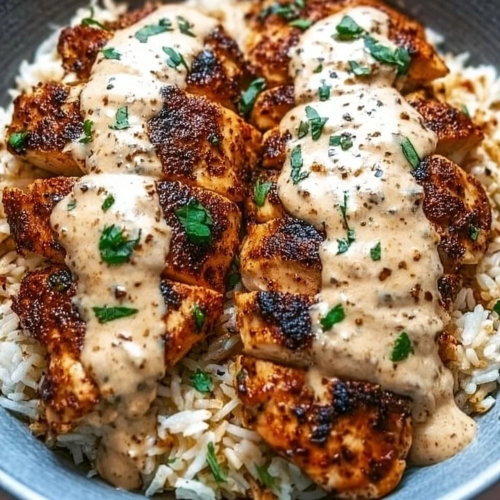 Creamy Cajun chicken and rice bowls topped with fresh herbs and spices