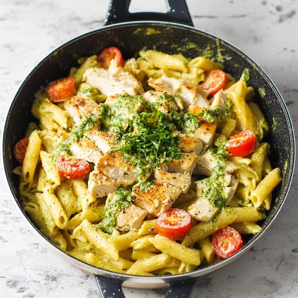 Creamy chicken pasta with pesto served in a white bowl garnished with basil