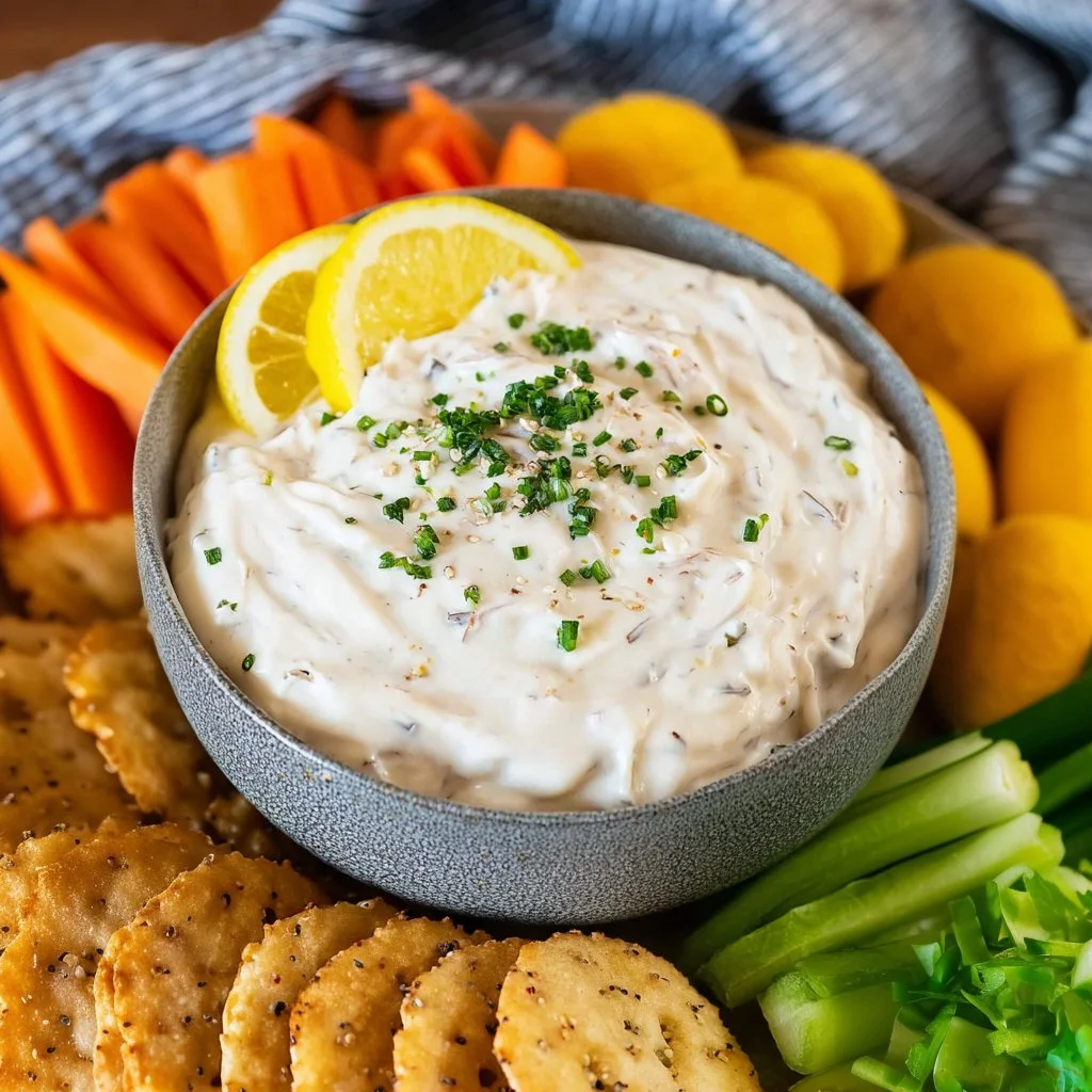 Delicious creamy clam dip served in a bowl with crackers on the side
