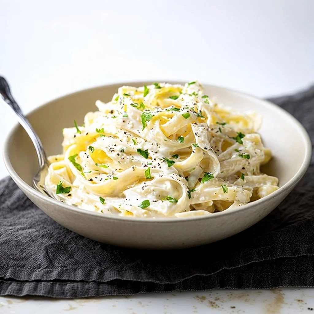 Plate of creamy fettuccine alfredo garnished with parsley and parmesan cheese.