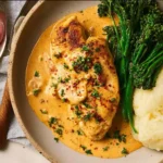 Creamy paprika chicken served with fresh herbs and vegetables