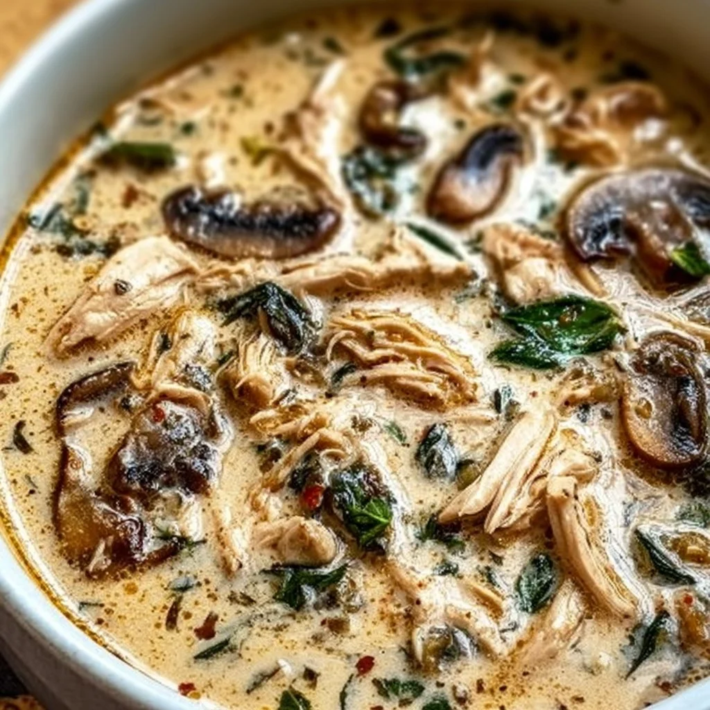 Bowl of creamy rotisserie chicken mushroom soup garnished with herbs.