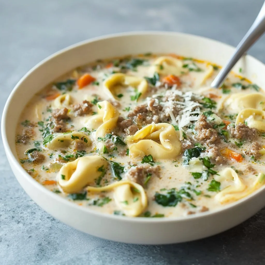 Creamy sausage and tortellini soup in a bowl with fresh herbs