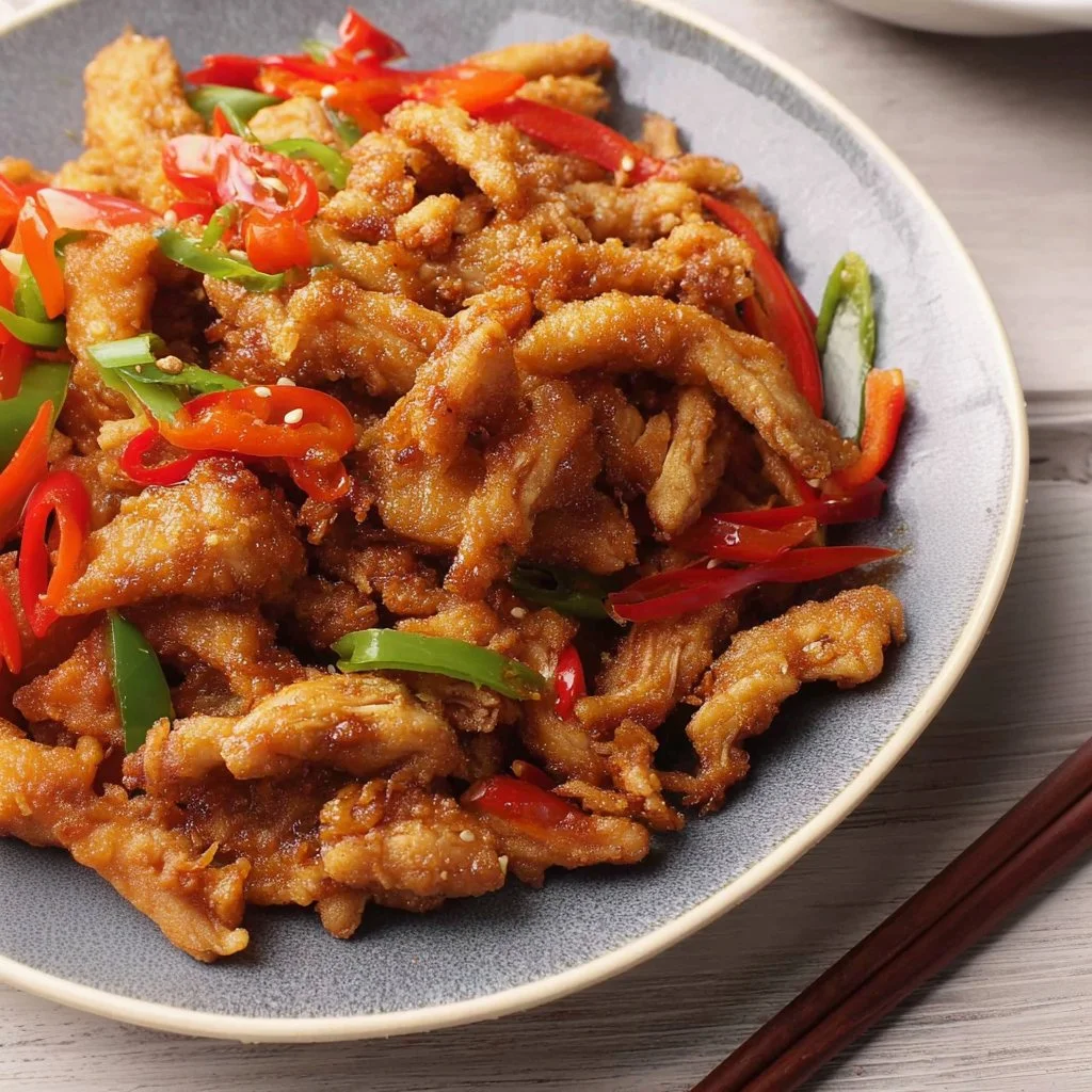 Plate of crispy shredded chicken garnished with herbs and served with salsa