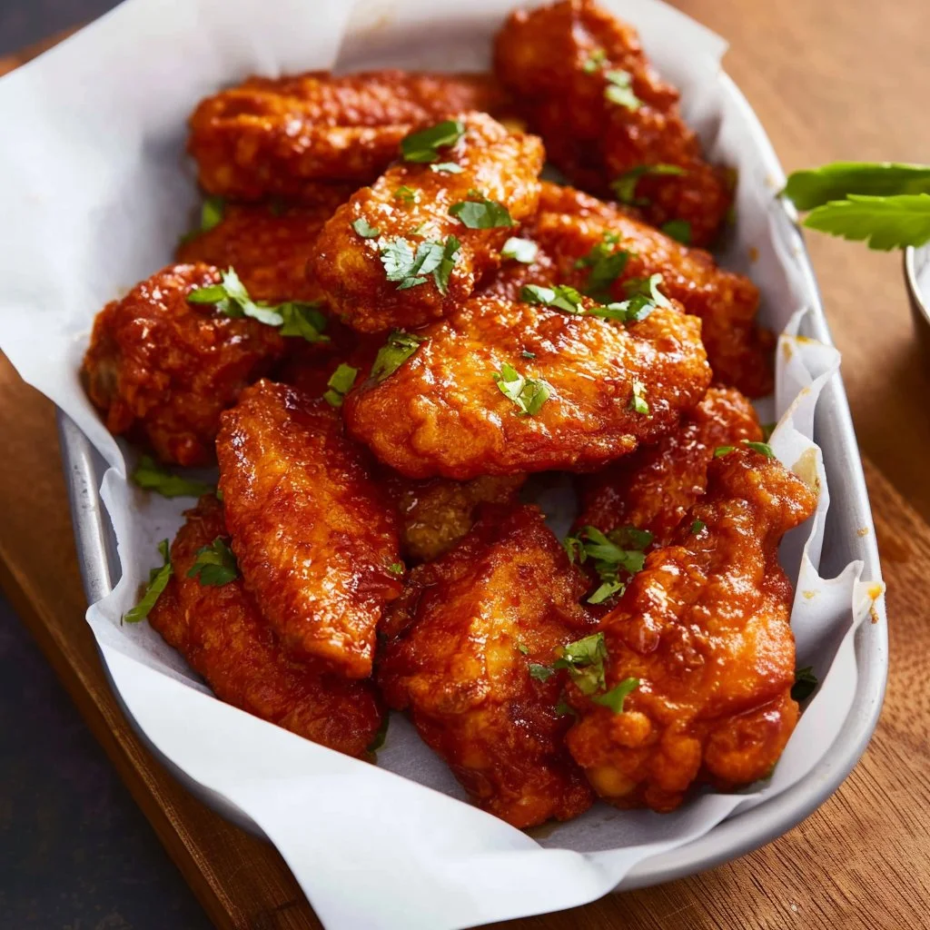 Delicious deep fried buffalo wings served as a classic game day snack