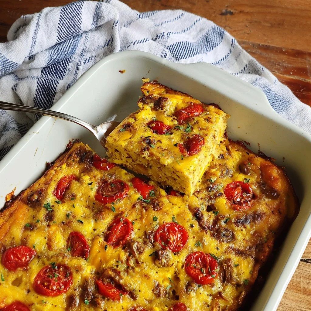 Delicious vegan breakfast casserole baked with fresh vegetables and spices.
