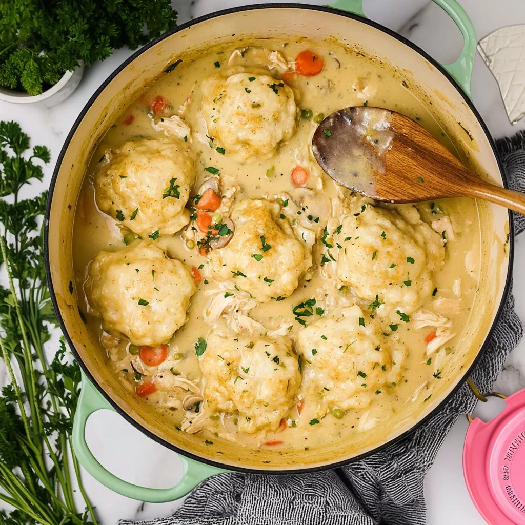 Dutch Oven Chicken and Dumplings ready to serve in a cast iron pot.