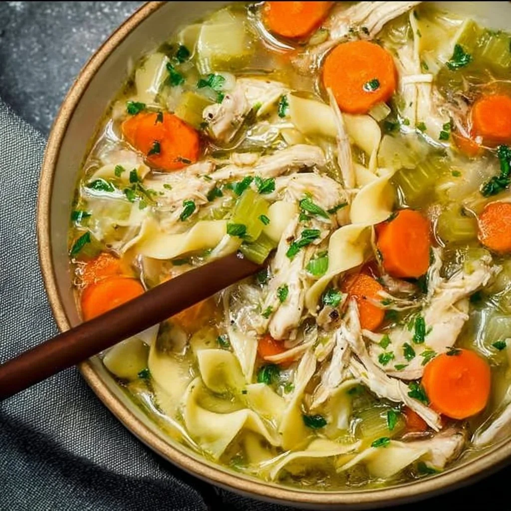 Bowl of easy leftover rotisserie chicken noodle soup garnished with herbs
