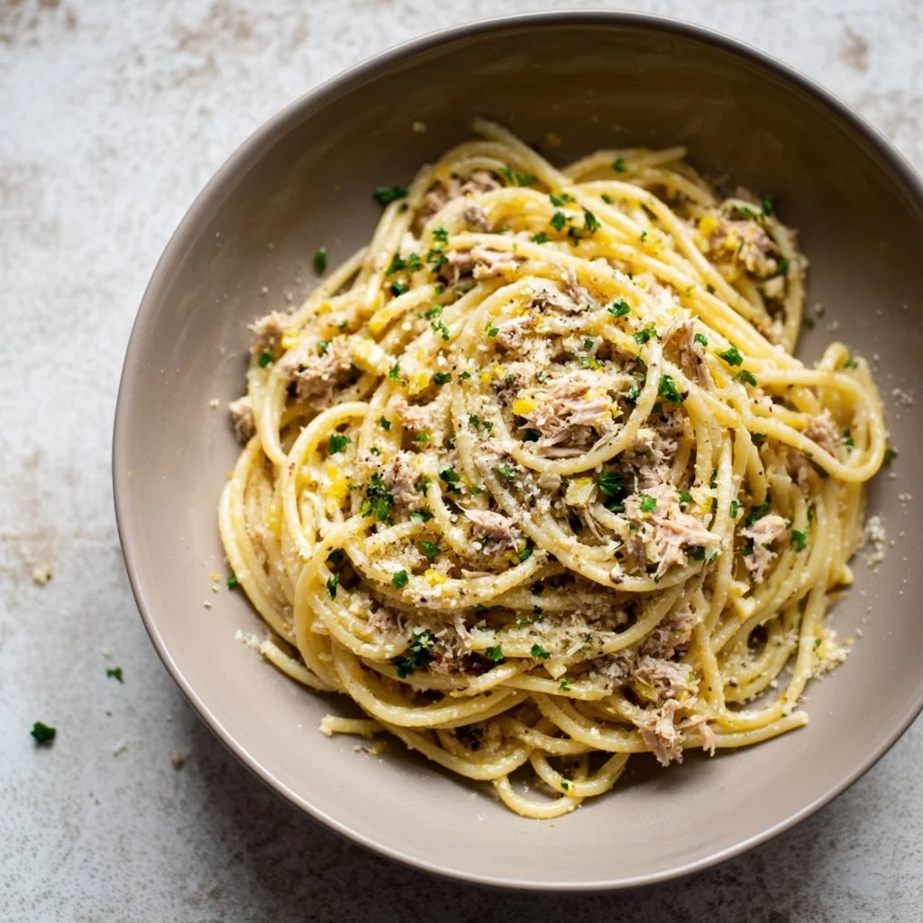 Bowl of easy canned tuna pasta recipe garnished with herbs