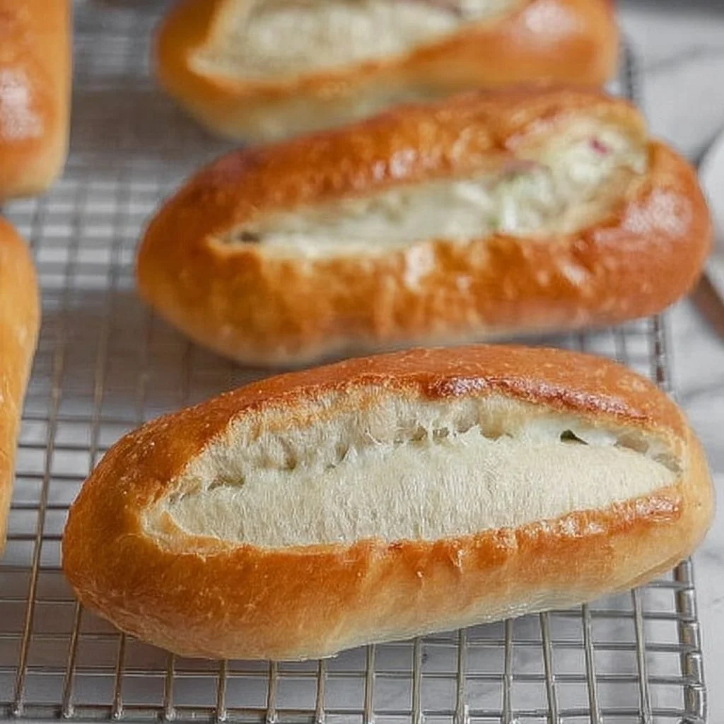 Freshly baked easy hoagie rolls on a wooden cutting board