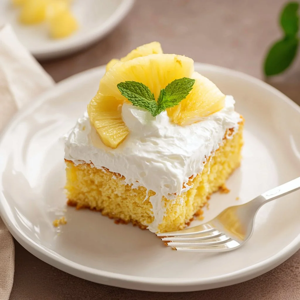 A delicious easy pineapple cake topped with fresh pineapple slices.