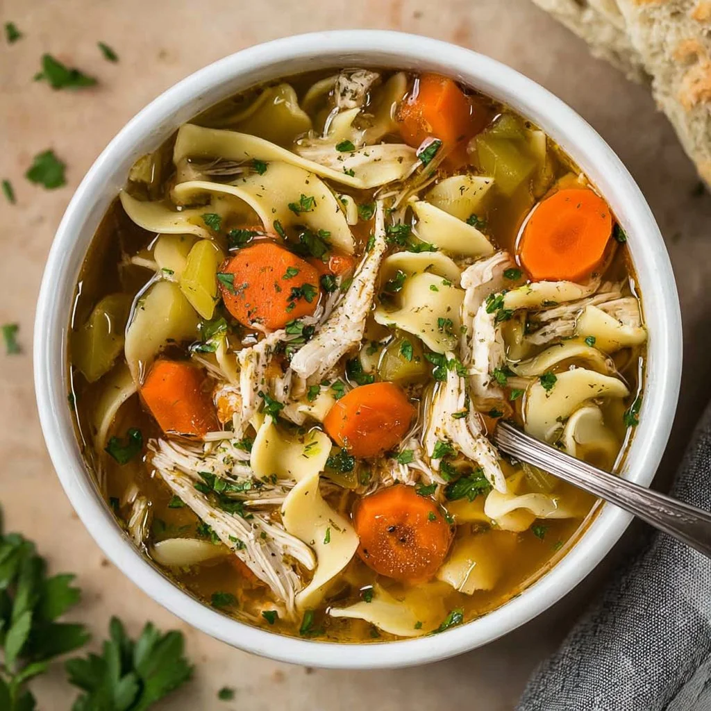 Bowl of easy rotisserie chicken noodle soup with fresh herbs and noodles