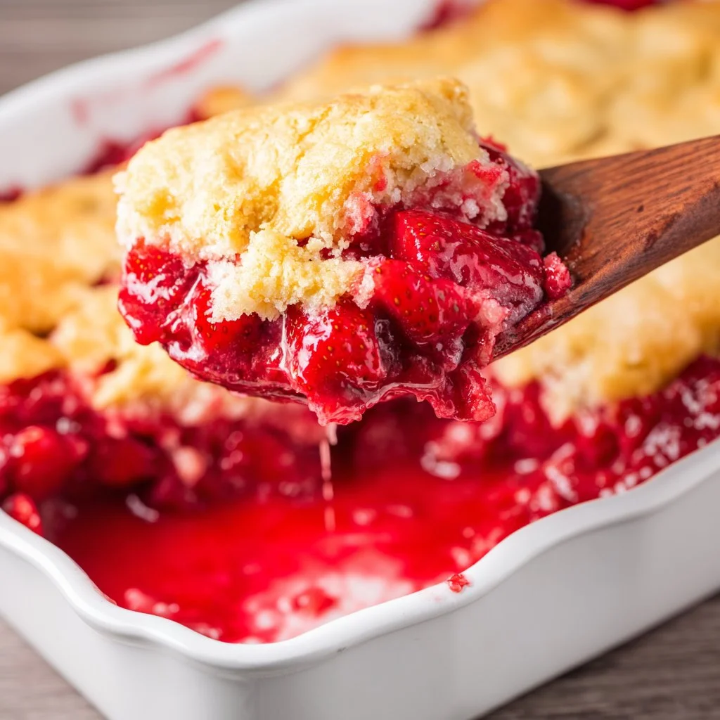 Delicious easy strawberry dump cake served in a glass dish