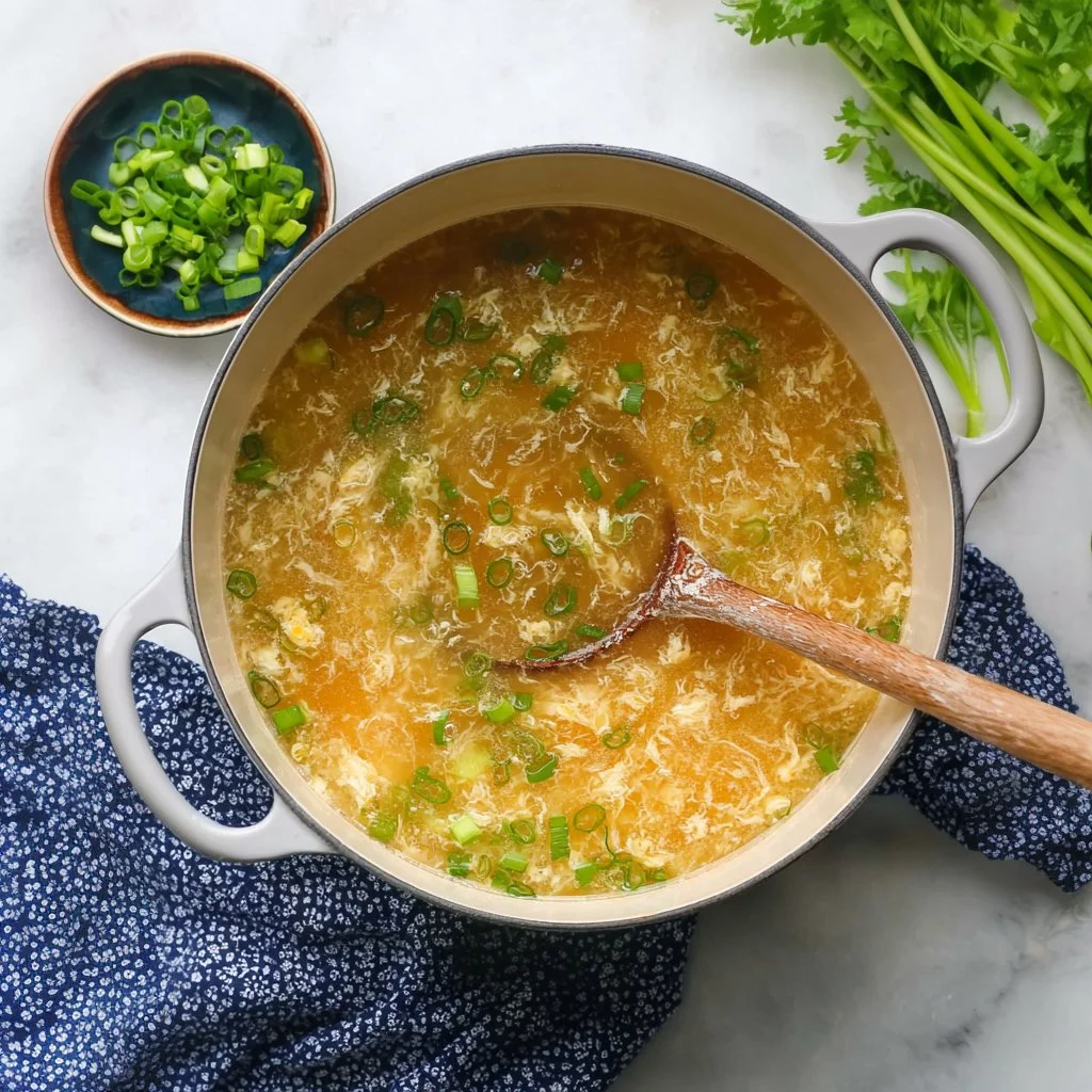 Bowl of homemade Egg Drop Soup garnished with green onions