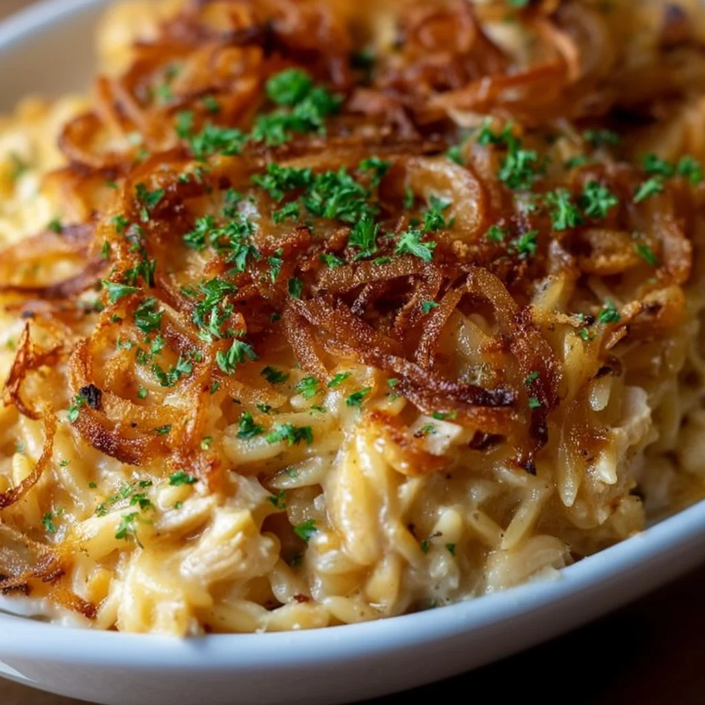 Delicious French Onion Chicken Orzo Casserole topped with melted cheese