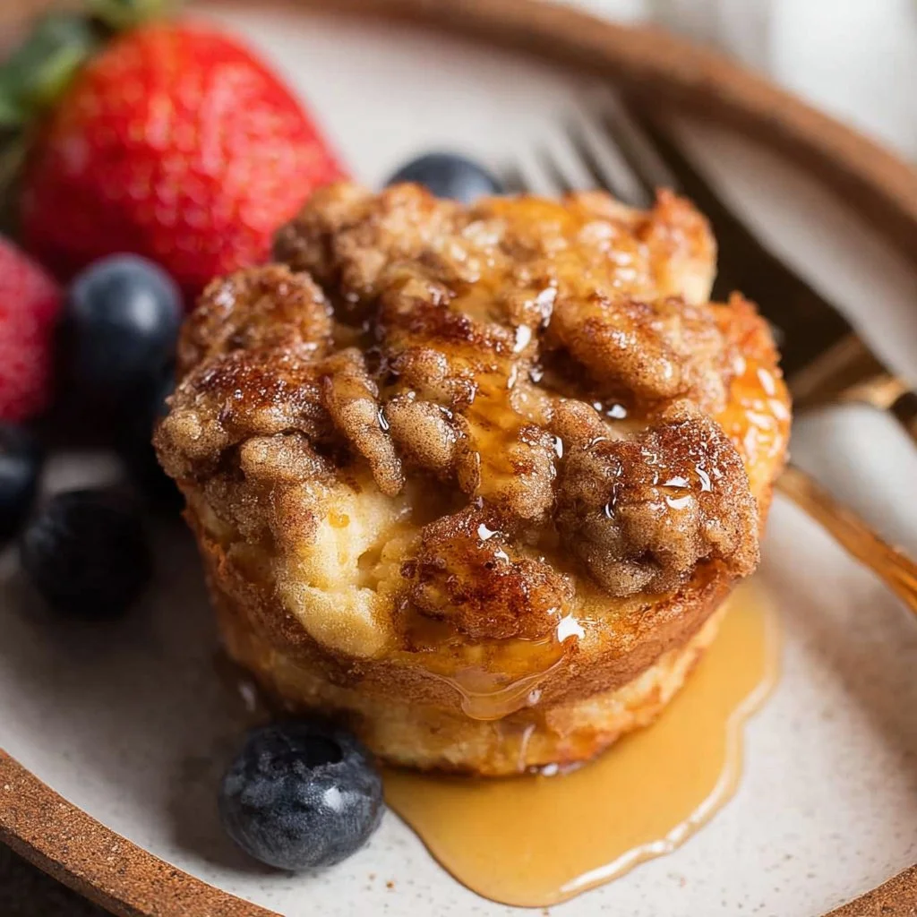 Delicious French Toast Muffins topped with blueberries and syrup