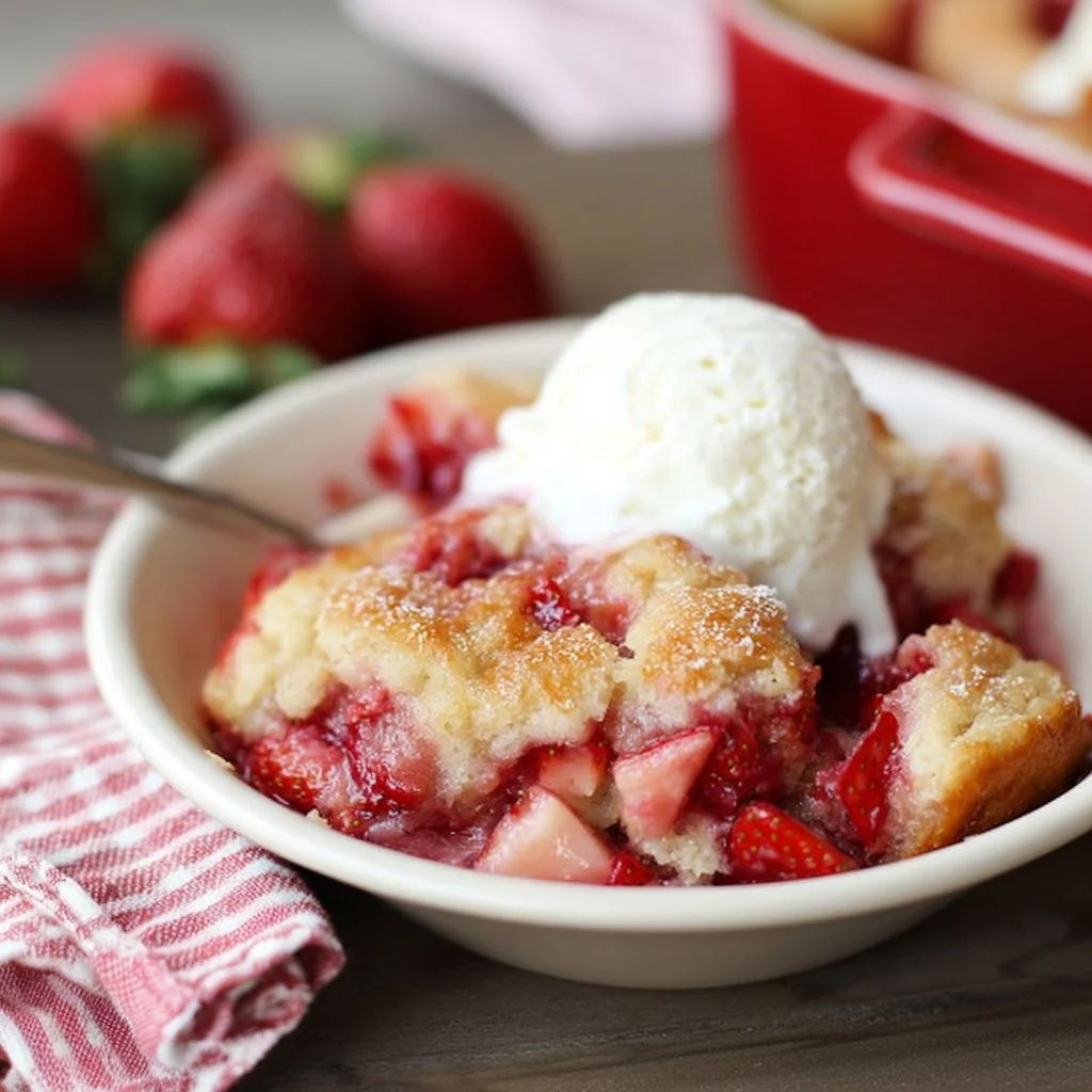 Freshly baked strawberry cobbler with golden crust and ripe strawberries