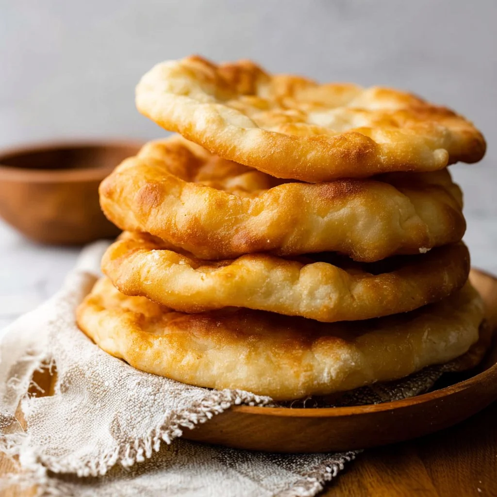 Delicious Fry Bread served with toppings on a wooden table