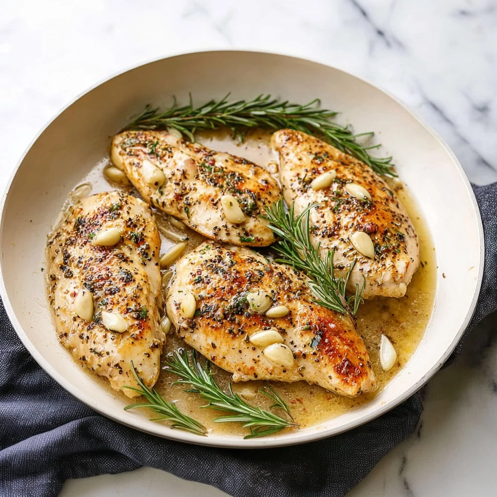 Garlic Rosemary Chicken served with herbs and vegetables on a plate
