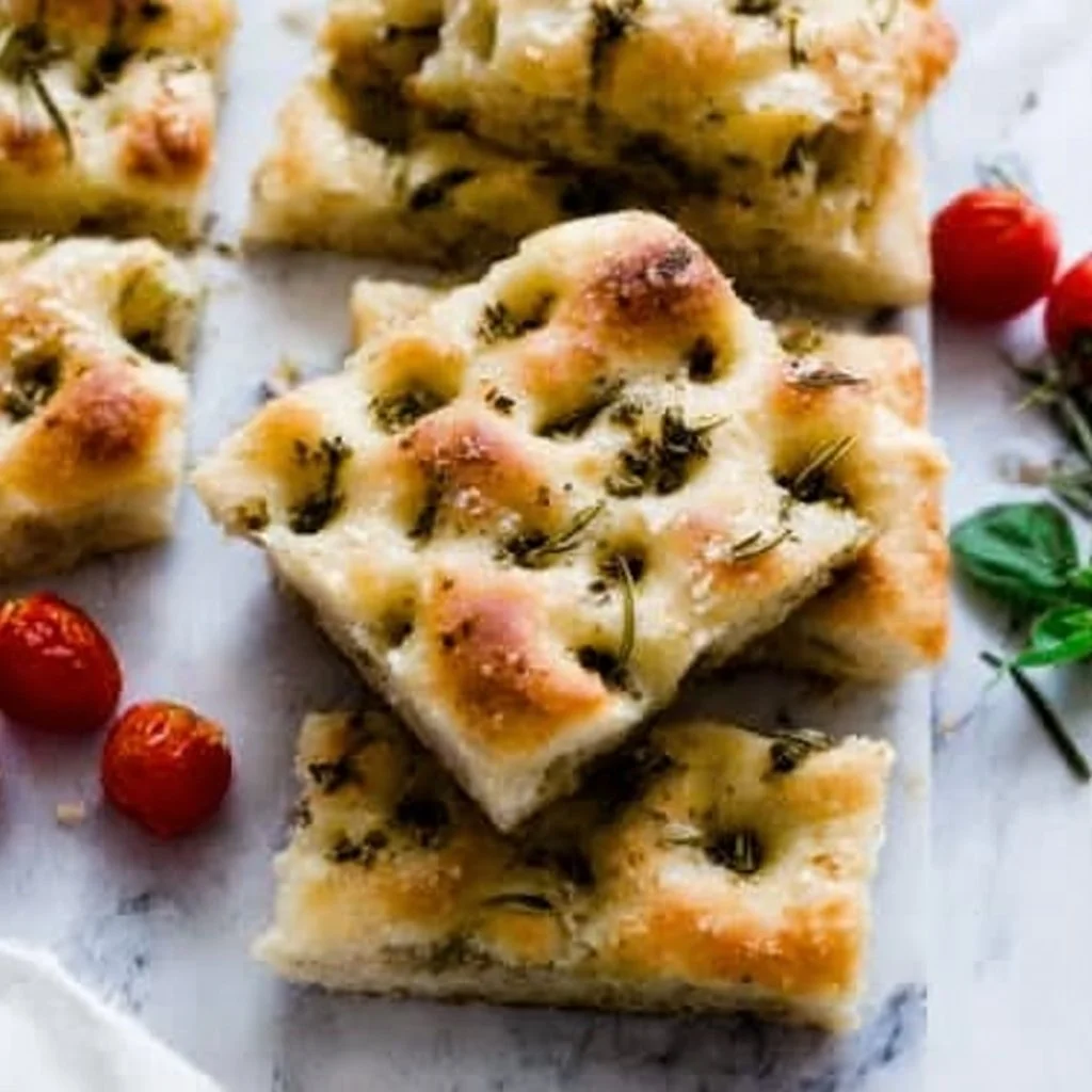 Freshly baked Garlic Rosemary Herb Focaccia bread with herbs on top