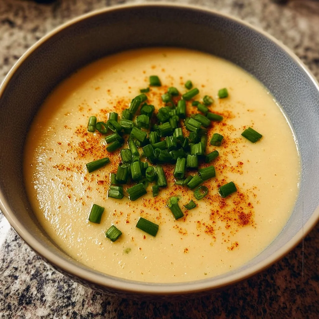 A bowl of creamy gluten free potato soup garnished with herbs