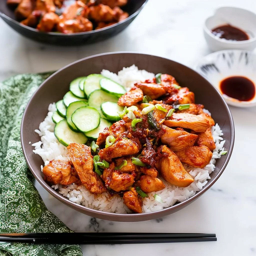 Delicious Gochujang Chicken garnished with green onions and sesame seeds.