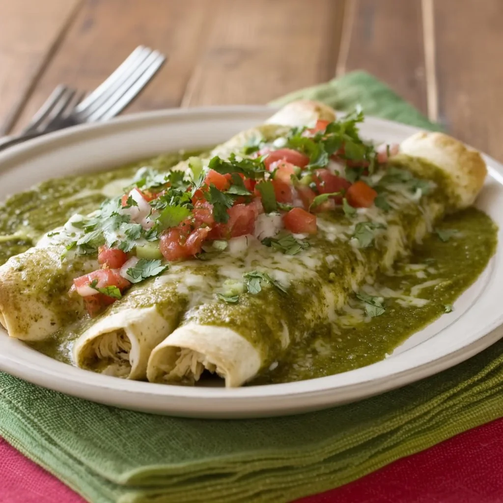 Delicious green chicken enchiladas topped with salsa and cheese, ready to serve.