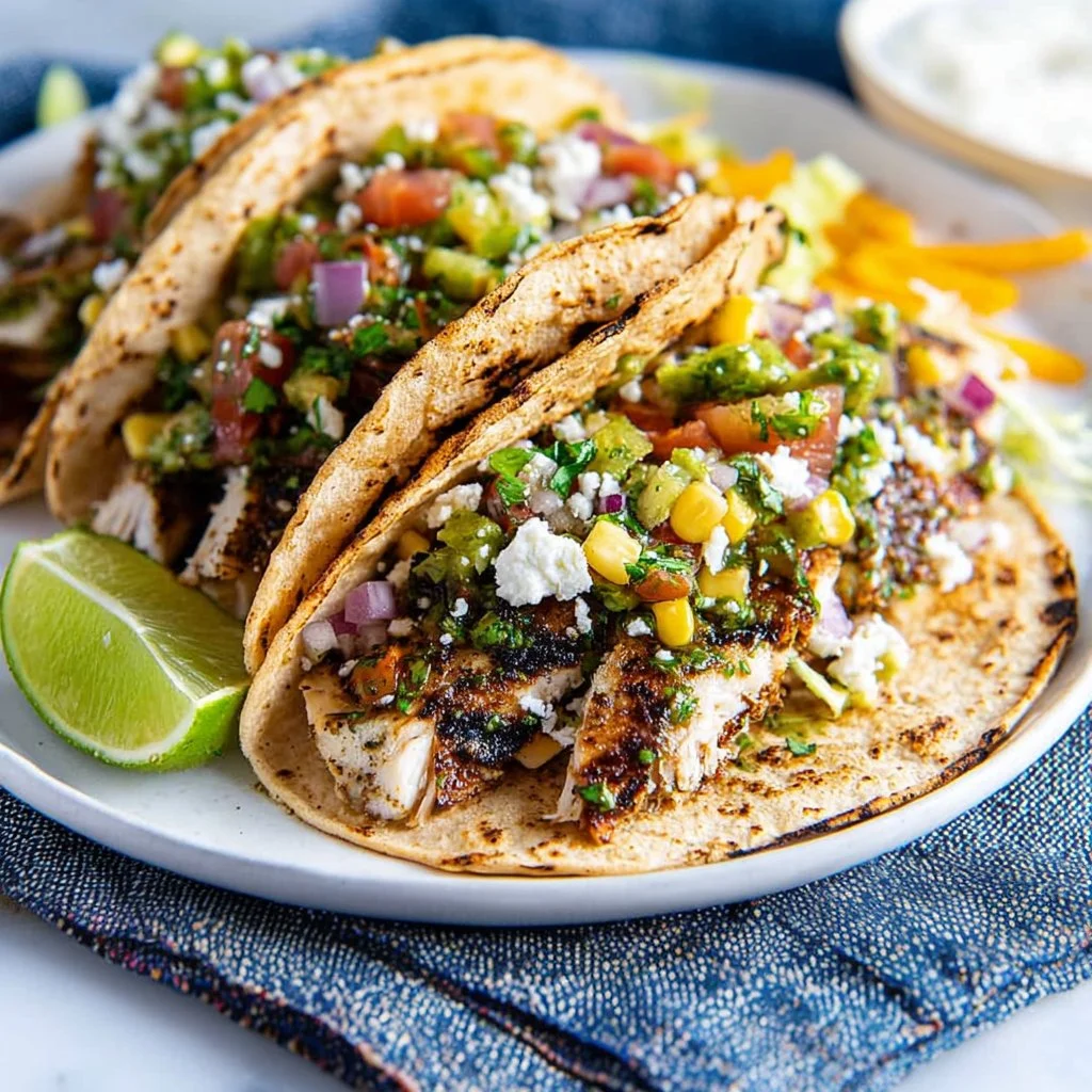Grilled chimichurri chicken tacos topped with fresh ingredients and vibrant sauces