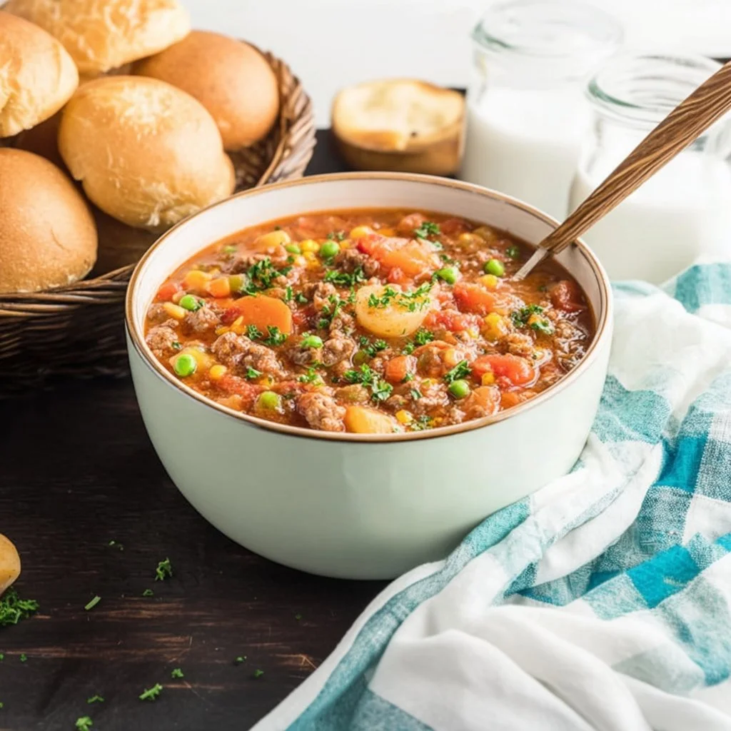 Delicious homemade Hamburger Stew with ground beef and vegetables in a bowl.