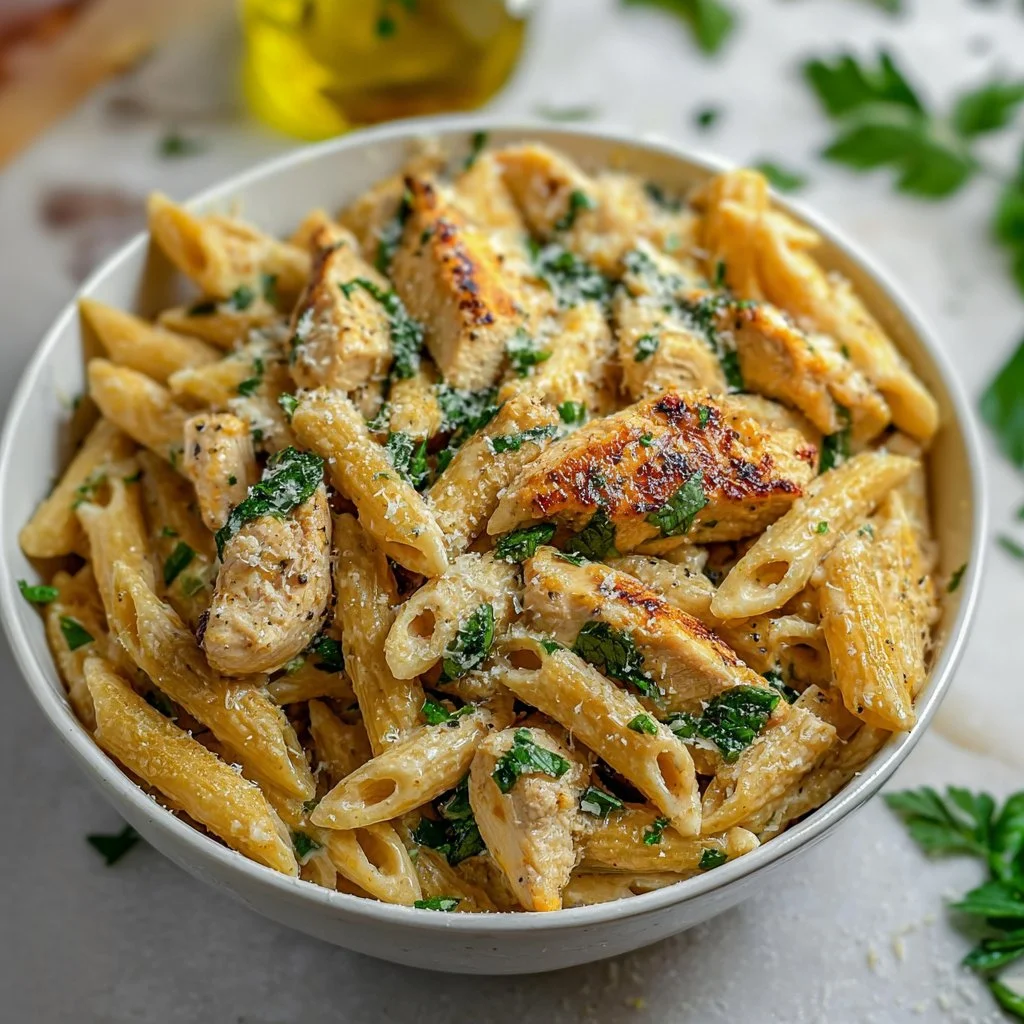 Healthy Garlic Parmesan Chicken Pasta prepared with chicken, pasta, and garlic Parmesan sauce