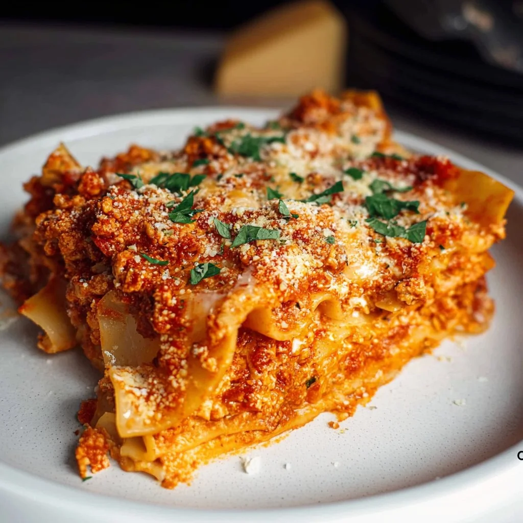 Healthy Ground Chicken Lasagna served on a plate with fresh herbs