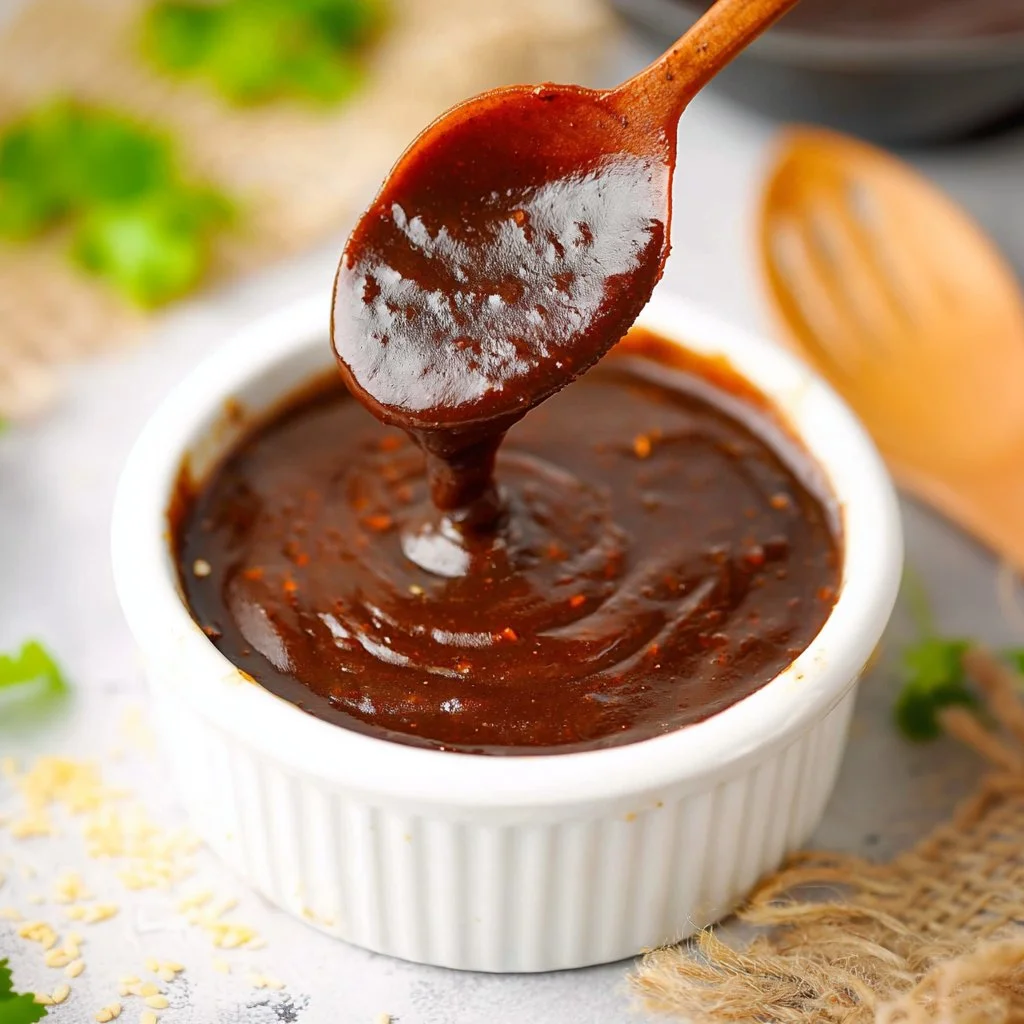 A bottle of hoisin sauce surrounded by fresh ingredients, perfect for Asian cuisine.