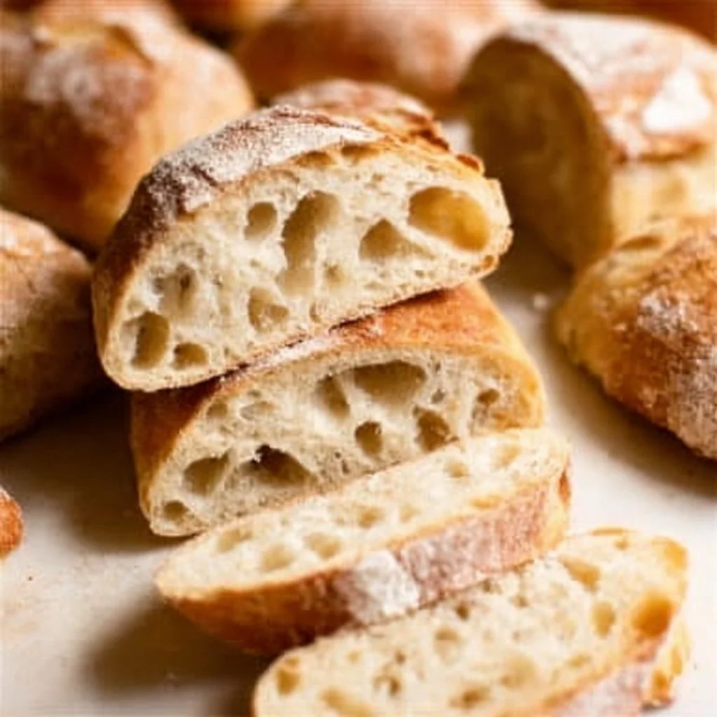 Freshly baked homemade ciabatta bread with a crispy crust and soft inside.